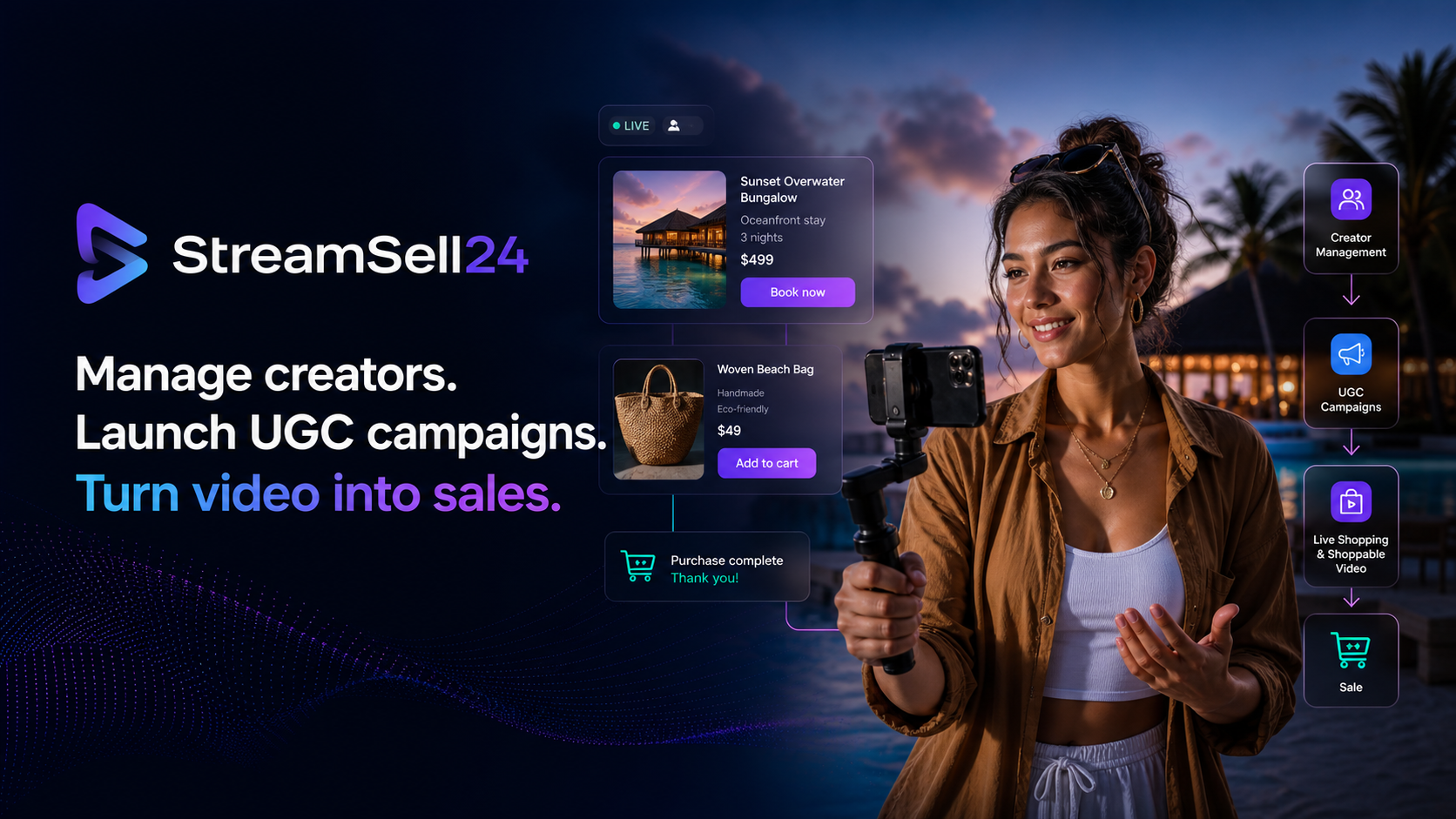 StreamSell24 creator demonstrating a resort offer with creator management, UGC campaign, live shopping and sale stages